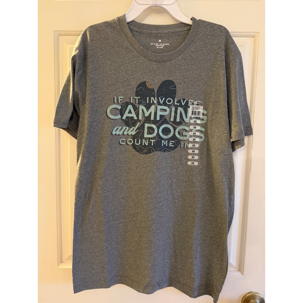 Camping and Dogs Graphic T-Shirt Gray Heather Short Sleeve Crew Neck
